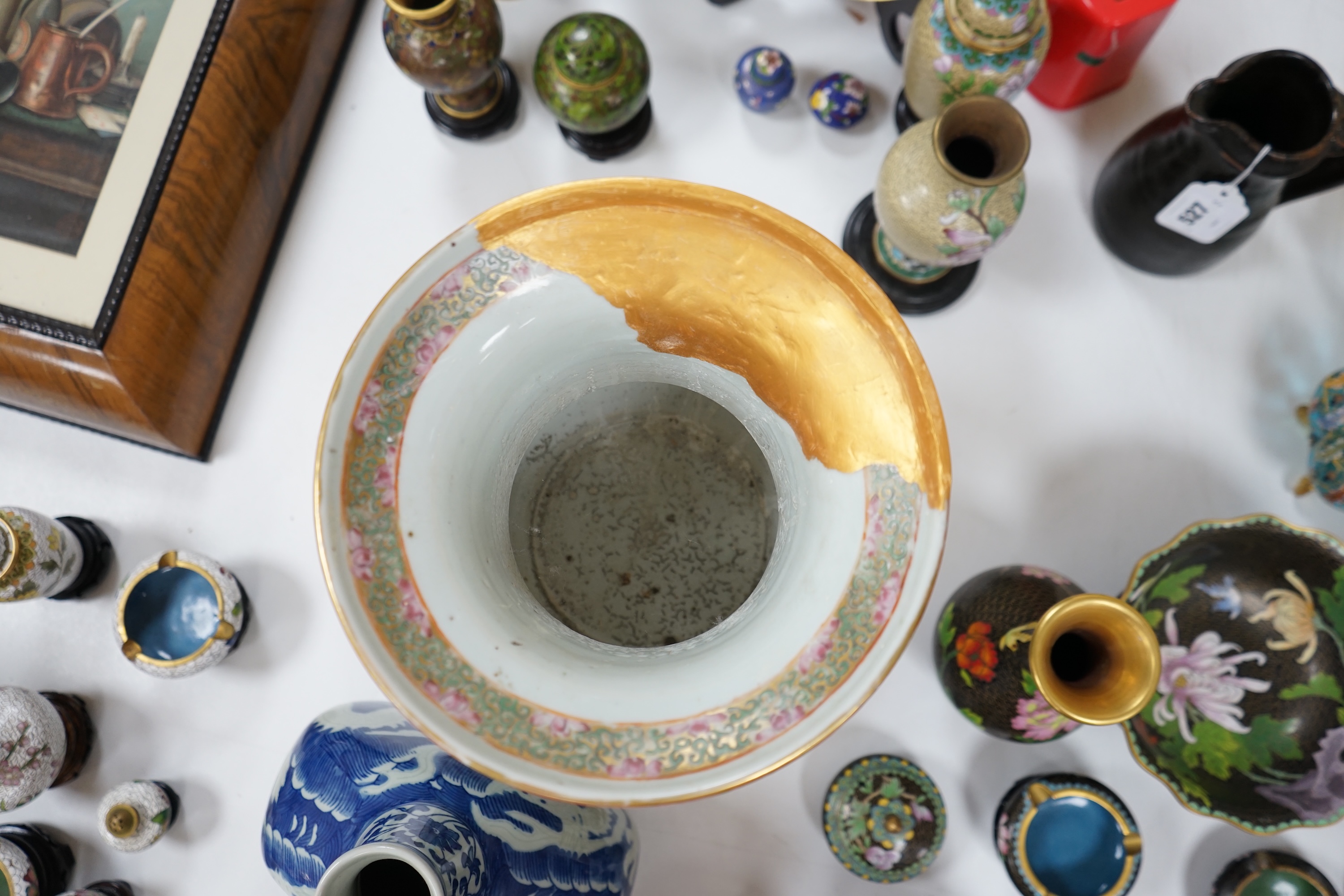 A large 19th century Chinese famille rose vase, a green glazed pear-shaped vase, and a blue and white dragon flask (3). Condition - poor to fair.